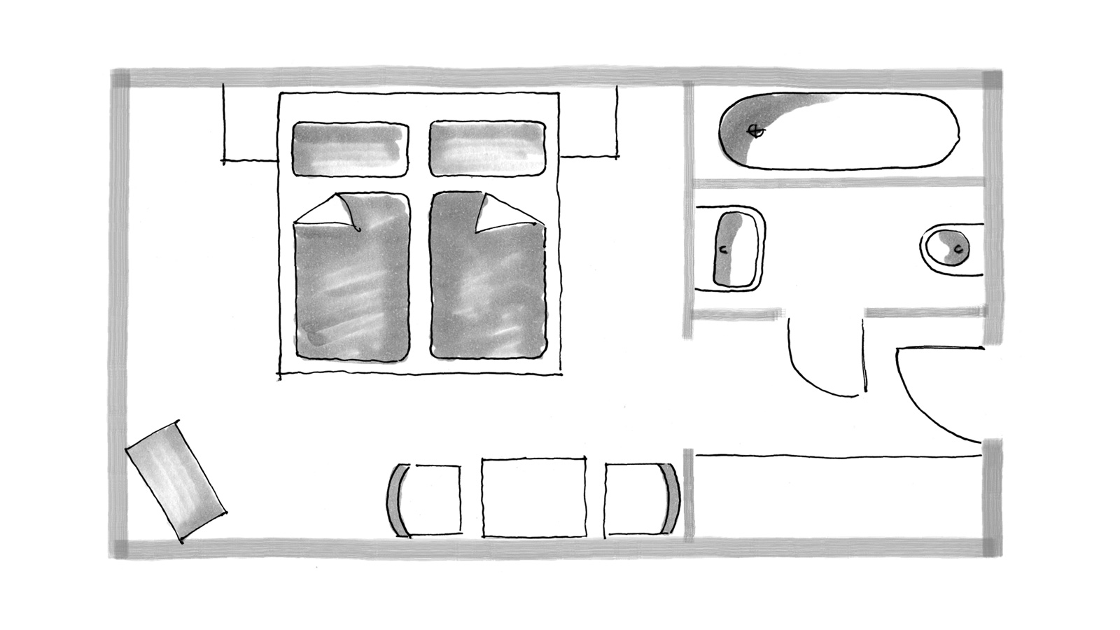 Floor plan of a hotel double room with twin beds, seating area and bathroom with bathtub.