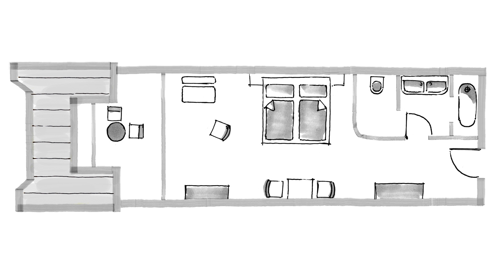 Grundriss einer großzügigen Hotelsuite mit Schlafbereich, Sitzecke, separatem Bad und Eingangsbereich.