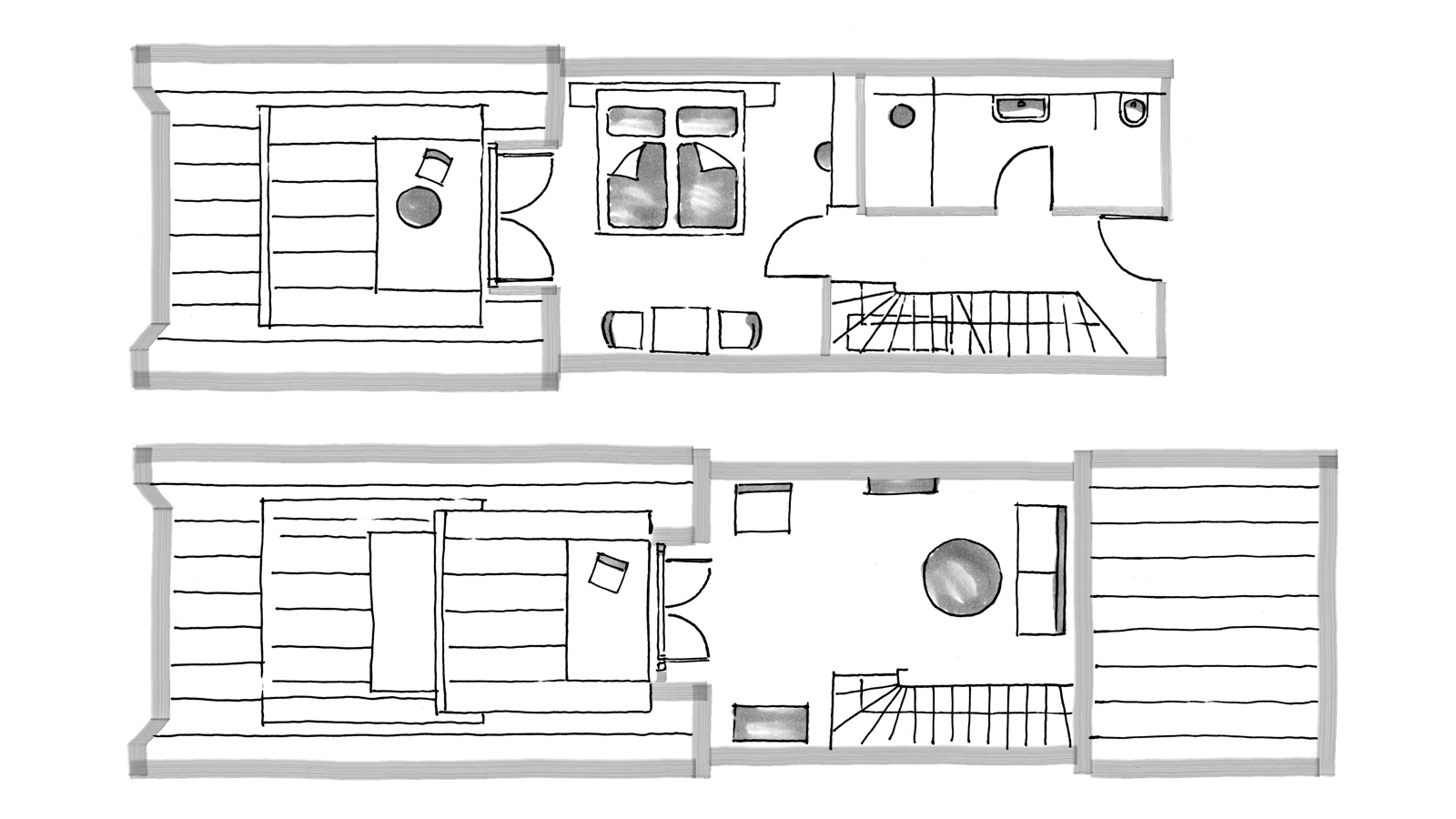 Zweigeschossiger Grundriss einer Maisonette-Suite mit Schlafbereich, Wohnraum, Badezimmer und Galerieebene.