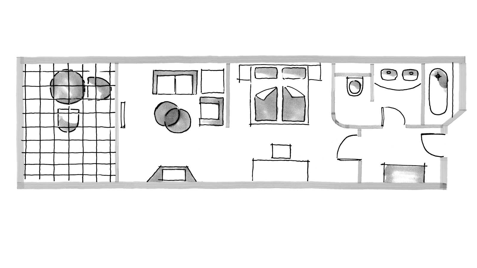 Grundriss einer großzügigen Suite mit Schlafzimmer, Wohnbereich, Balkon, Badezimmer und separatem Eingangsbereich.